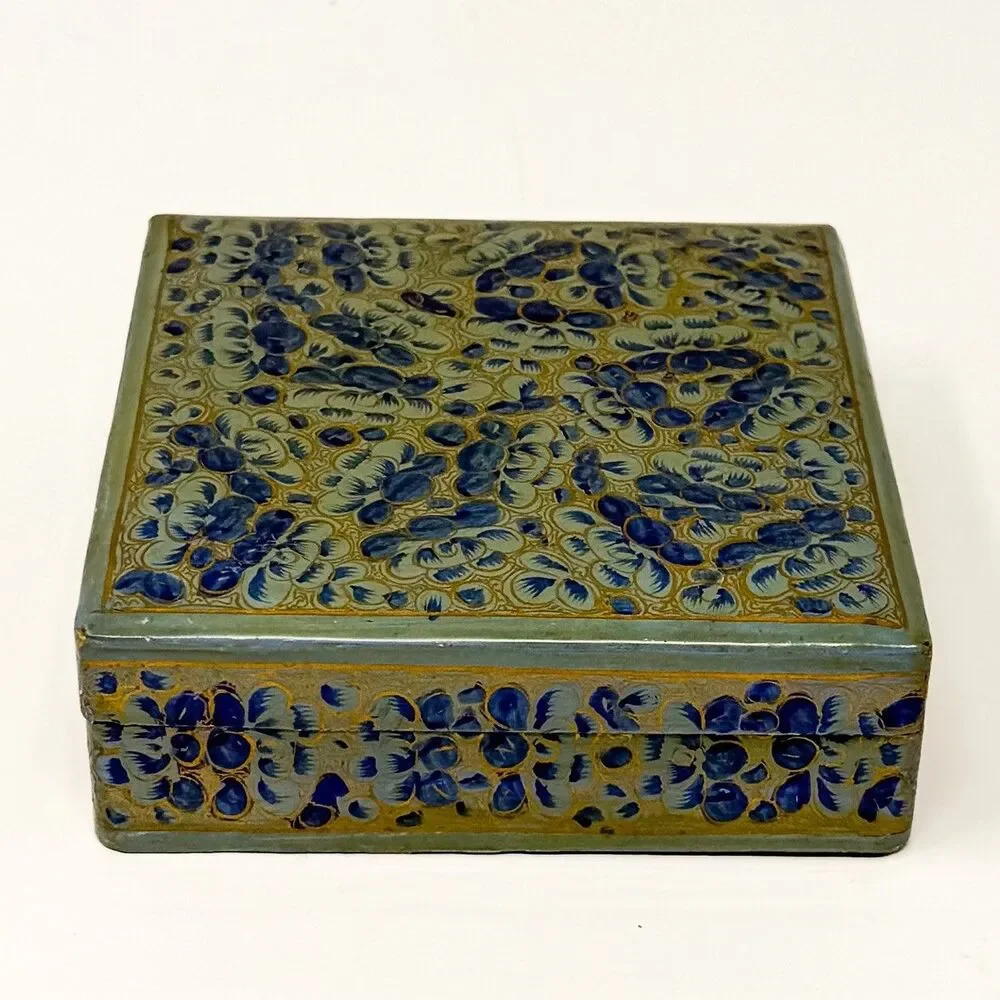 Vintage Kashmiri Papier Mache Lacquer Box 6 Hand Painted Floral Coasters